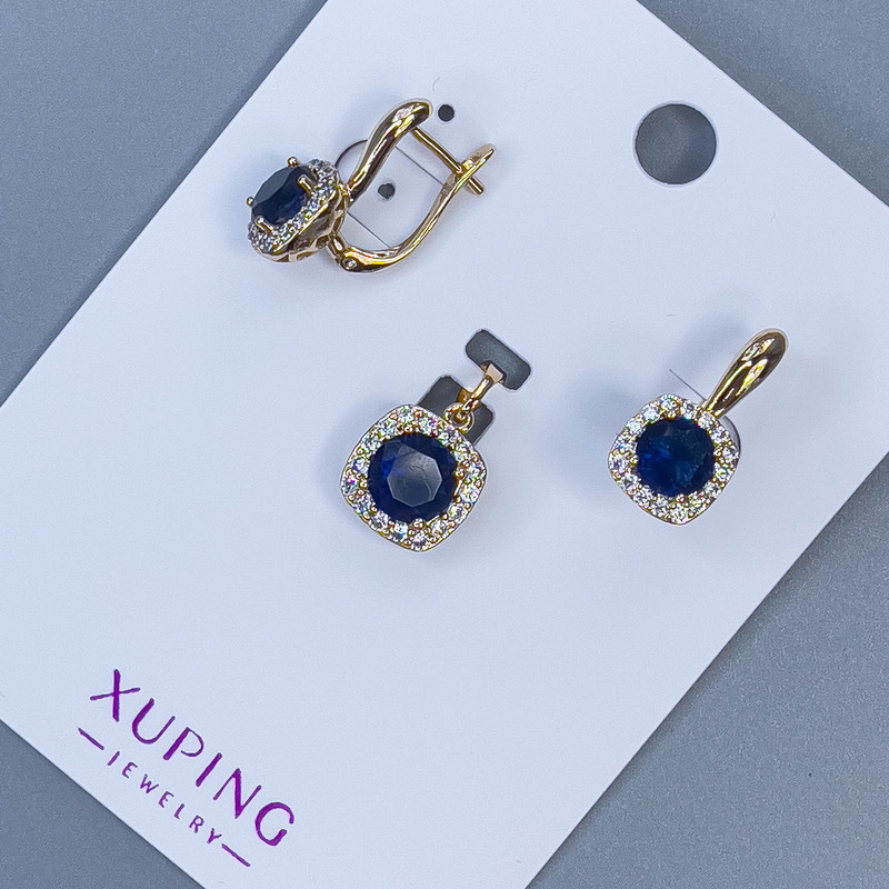 Xuping Pendant and Earrings Set with White Crystals and Blue Crystal, 18K Gold Plating