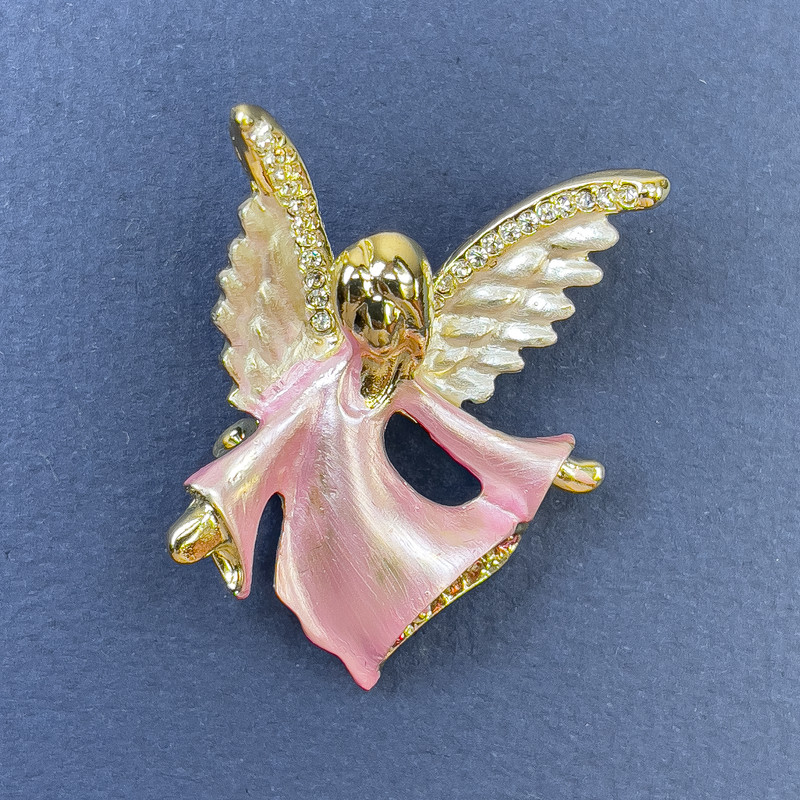 Angel Brooch with White and Pink Rhinestones, Pink and White Tones, Gold-Tone Metal, 31×43 mm +