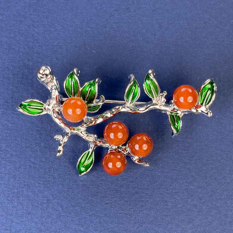 Brooch 'Sprigs' with Carnelian, silver-toned metal, 48x32 mm+