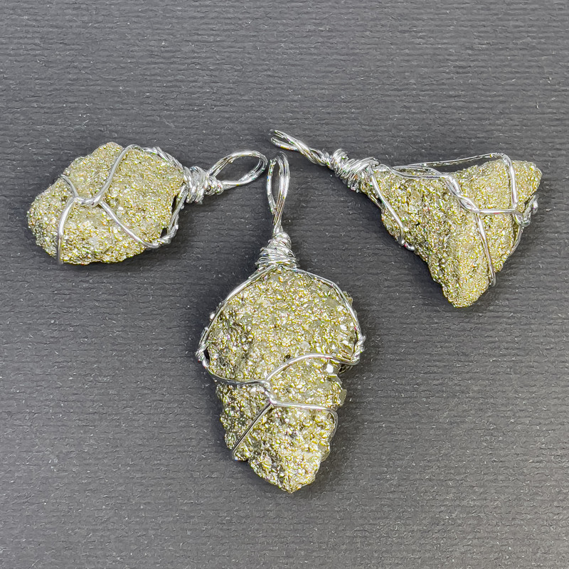 Unpolished Pyrite Pendant in Wire Wrap, Assorted Dimensions 25×12×37–20×15×30 mm+