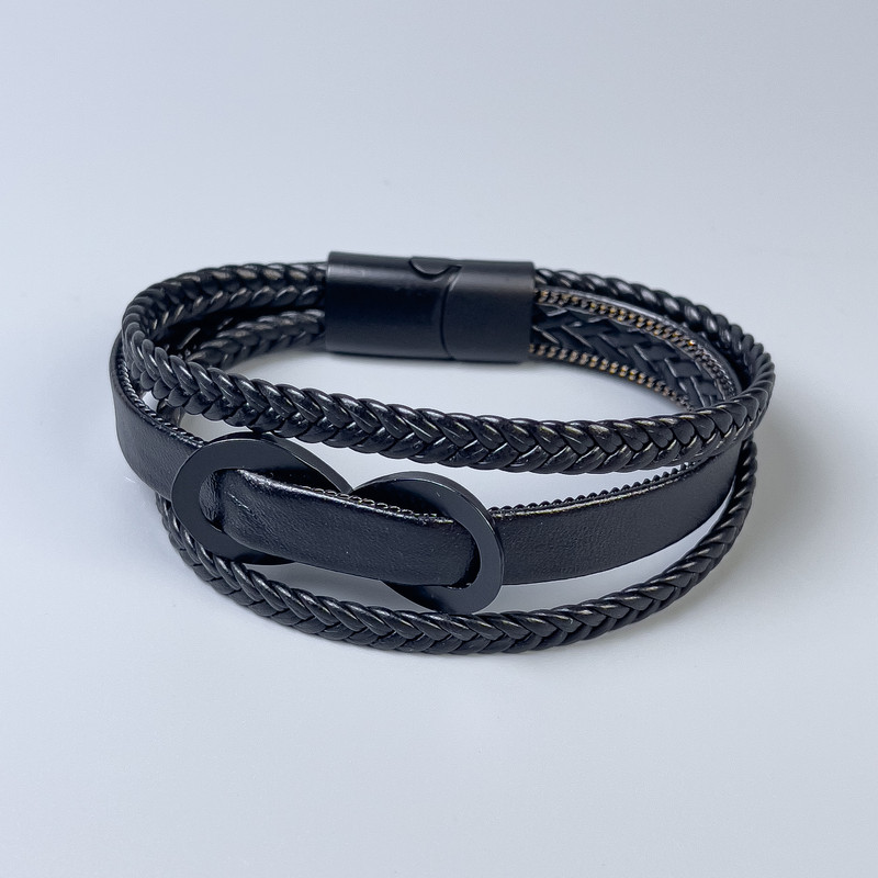 Triple Men's Bracelet in Black Eco-Leather with a Metal Inlay, Thickness 12-25 mm +/-, Length 22 cm +/- with Black Metal Clasp