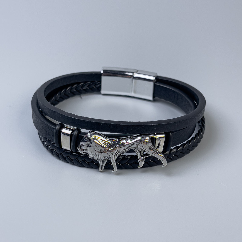 Men's bracelet in black eco-leather with metal inlays, thickness 12-20 mm +/-, length 22 cm +/-, silver-tone metal on clasp