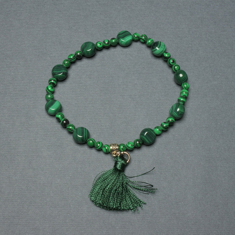 Malachite Bracelet with Coin Beads 8mm, Smooth 4mm Beads, 18cm Stretch