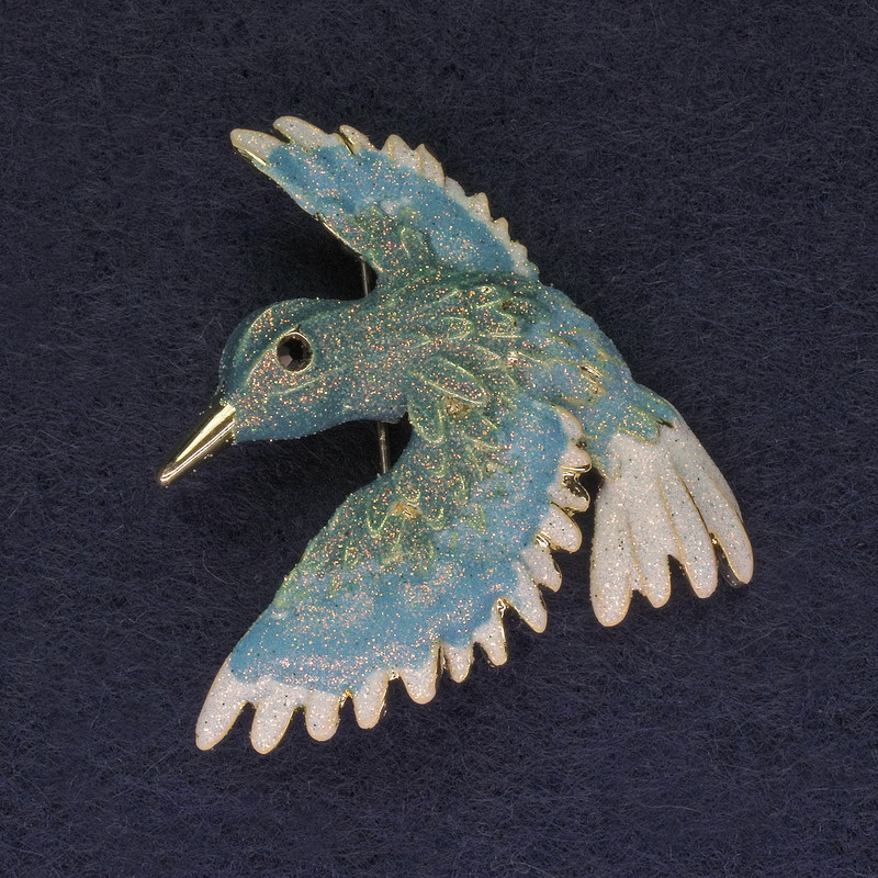 Bird Brooch in Blue Glow, 40x42 mm, ± Gold-Tone Metal