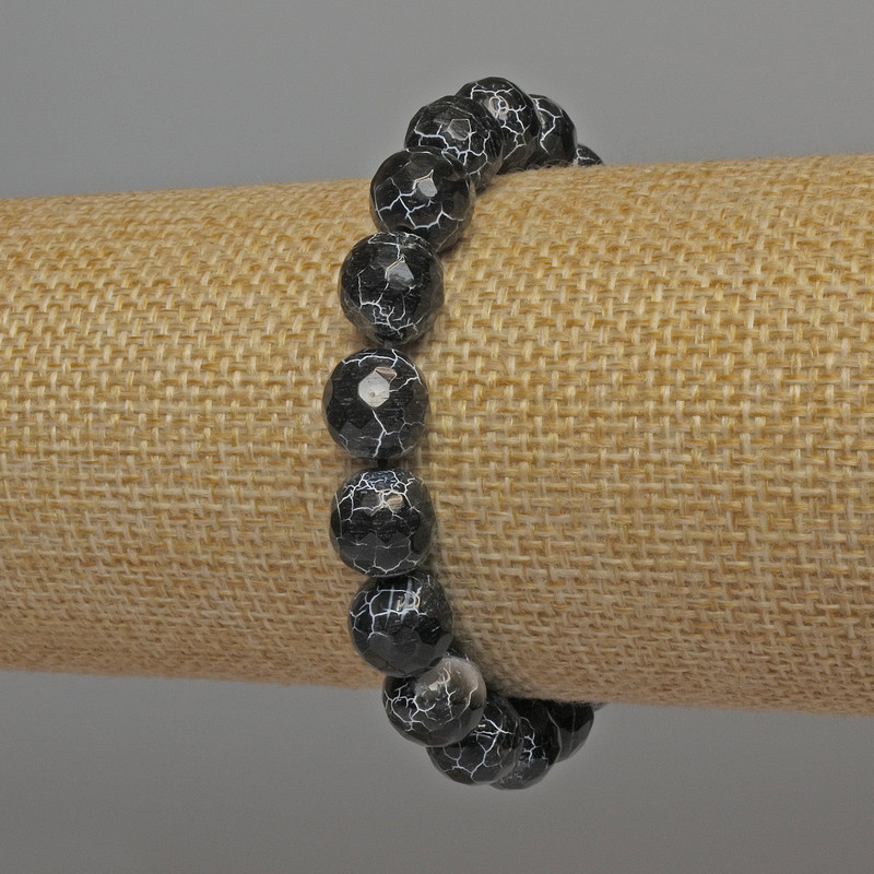 Black Fire Agate Bracelet with Faceted Beads, 9.5 mm Diameter, 18 cm Length, Stretch