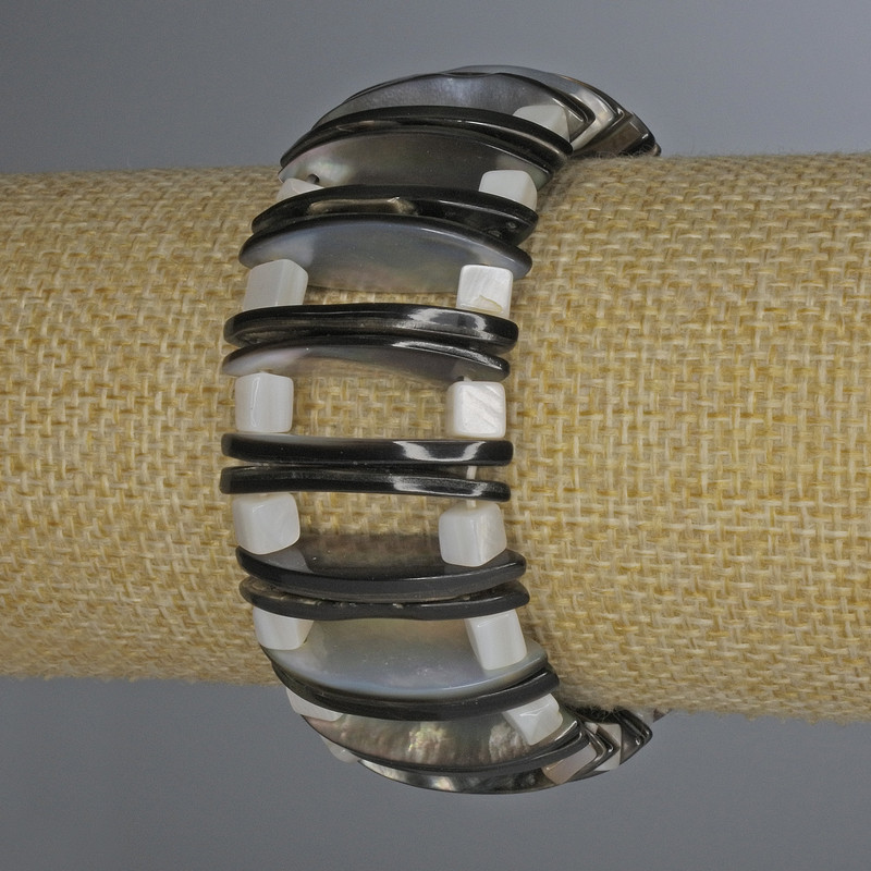 Abalone bracelet with Mother-of-Pearl, 28x2mm links, 5mm cube beads, 9mm thick, 18cm long, stretch