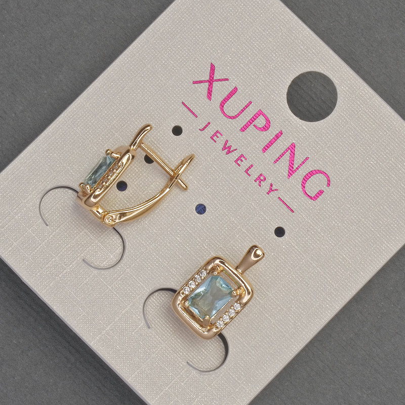 Xuping Earrings with White Rhinestones and Blue Crystal, 8mm Diameter, 14mm Length, 18K Gold Plating