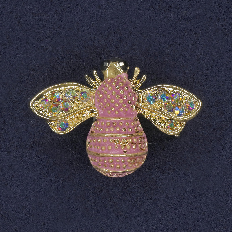 Bee Brooch Pink Enamel with Rainbow Crystals Gold-tone Metal 22×30 mm+