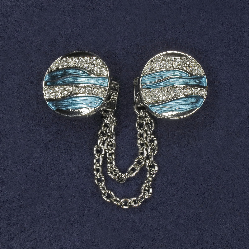 Brooch for cardigans with crystals and blue enamel