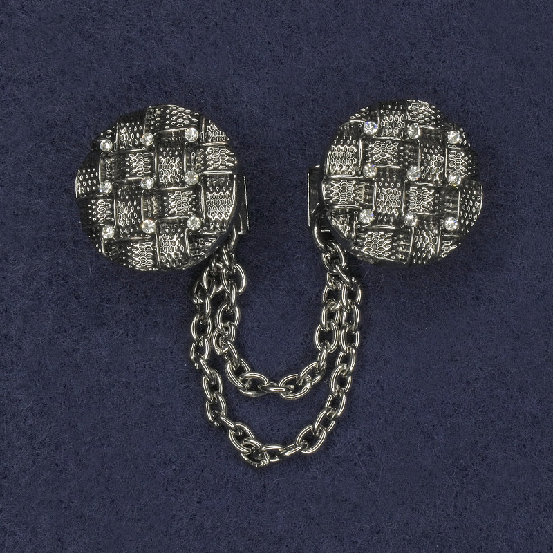 Cardigan Brooch Clasp with White Crystals, Silver-Tone Metal, 20 mm Diameter ±, Chain Length 9 cm ±