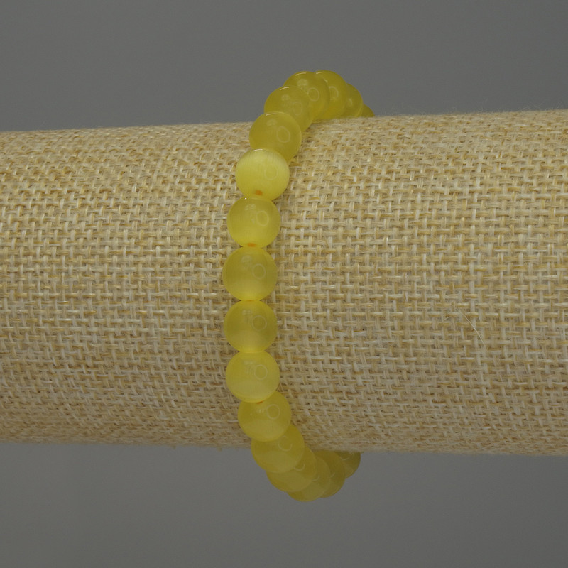 Yellow Cat's Eye Bracelet with smooth 8mm beads, 18 cm length, elastic