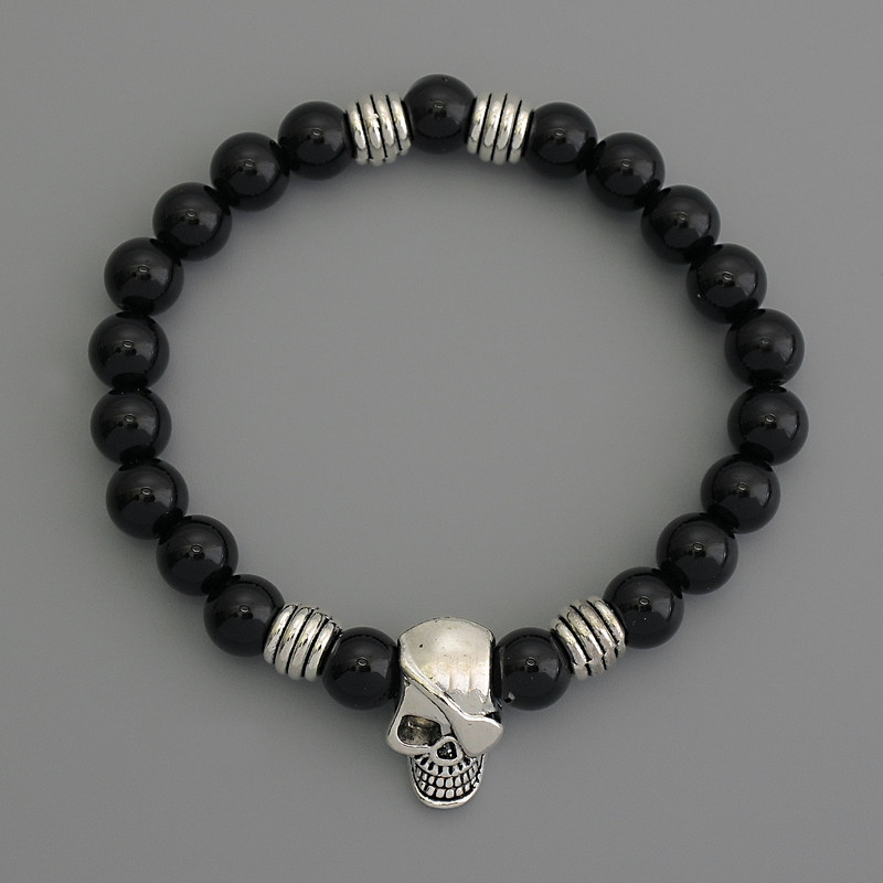 Agate bracelet (pressed) bead, 10mm diameter ±, with metal inlays, stretch length 18 cm