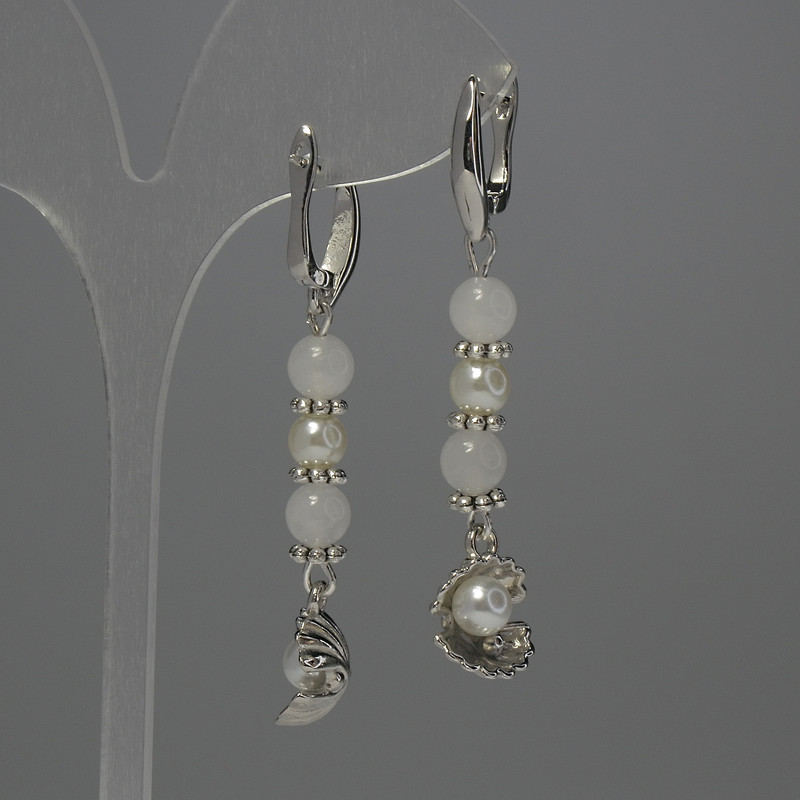 Earrings with White Quartz Bead, 6 mm diameter, with Artificial Pearl Bead 6 mm, length 56 mm