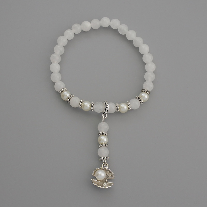 Bracelet with White Quartz - Smooth Beads, 6mm Diameter ±, with Metal Inserts, Length 18 cm ±, Elastic