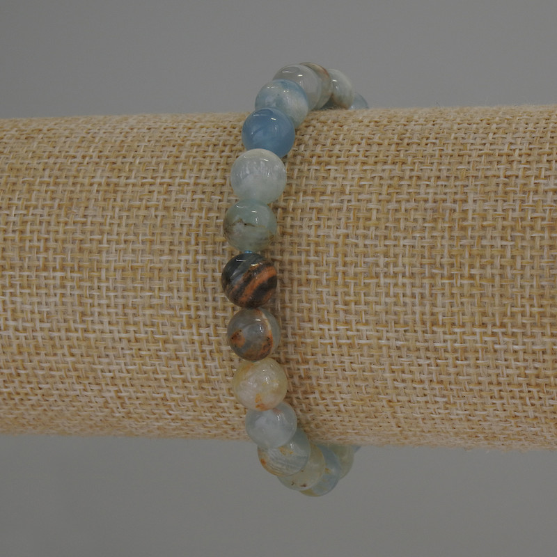Blue Calcite Bracelet with Smooth Round Beads, 8 mm Diameter, approx. 18 cm Length, Stretch Bracelet