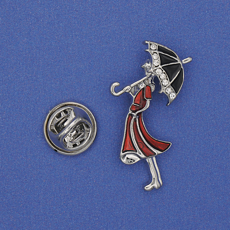Brooch 'Girl with a Parasol' white rhinestones red enamel gold-toned metal 32x16mm+