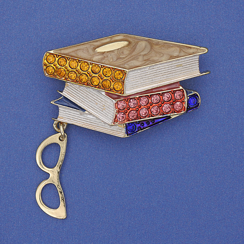 Brooch 'Books with Glasses' Enamel and Crystals