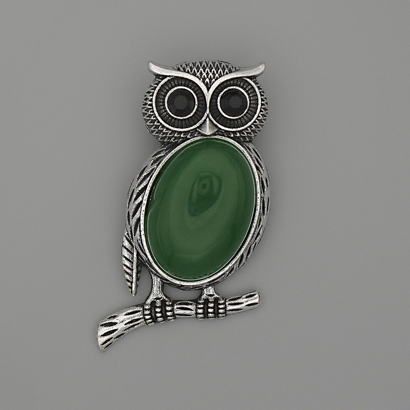 Brooch-Pendant Owl with Chrysoprase 45×25 mm ± black crystals, silver-tone metal