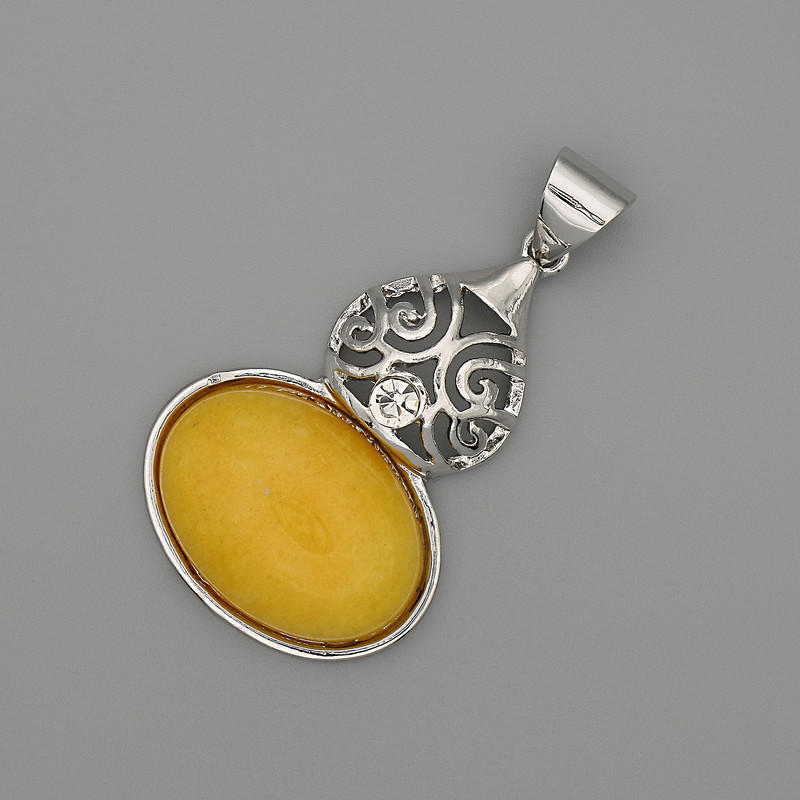 Cabochon Pendant with Artificial Amber, 50×28 mm, Silver-Tone Metal