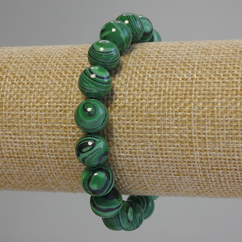 Malachite Bracelet with Smooth Beads, 10 mm Diameter, 18 cm Length (Stretch)