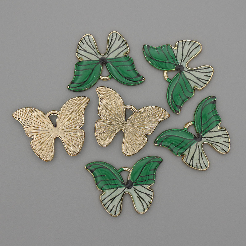 Butterfly pendant with colored enamel on gold-tone metal, diameter 22x16 mm, pack of 6