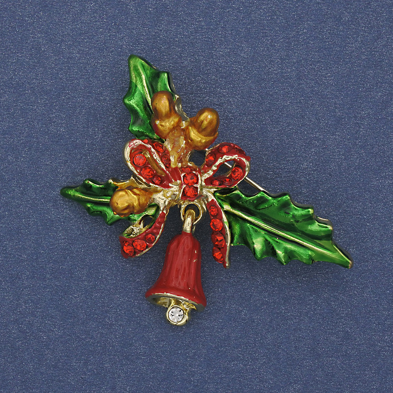 Brooch 'Twig with Bow and Bell' enamel crystals gold-tone metal 44×30mm+