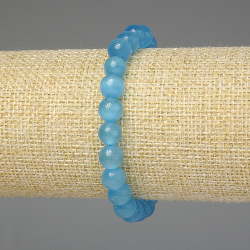 Azure Cat's Eye Bracelet 8mm Smooth Beads, 18 cm Stretch