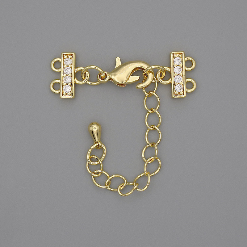 Clasp for two-strand bracelets and beads with rhinestones and extender chain, gold-colored metal, diameter 7x12 mm, length 3 cm