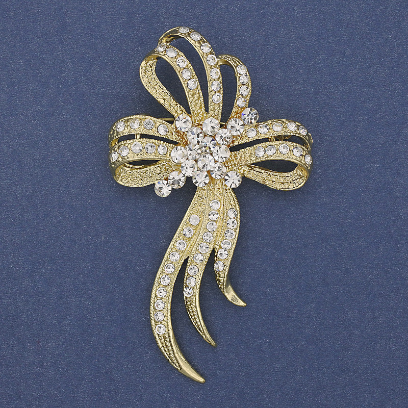 Bow Brooch with White Crystals, Golden Metal, Diameter 72x43mm +