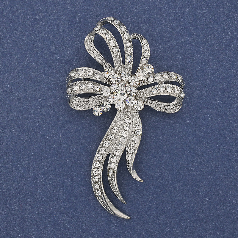 Bow Brooch with White Crystals, Silver-Toned Metal, Diameter 72x43mm +