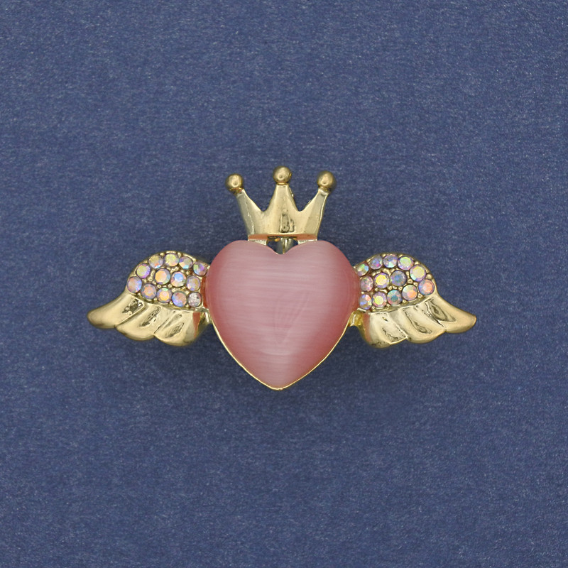 Brooch-Pendant Pink Heart Cat's Eye Crystals Golden Metal 31x18mm+