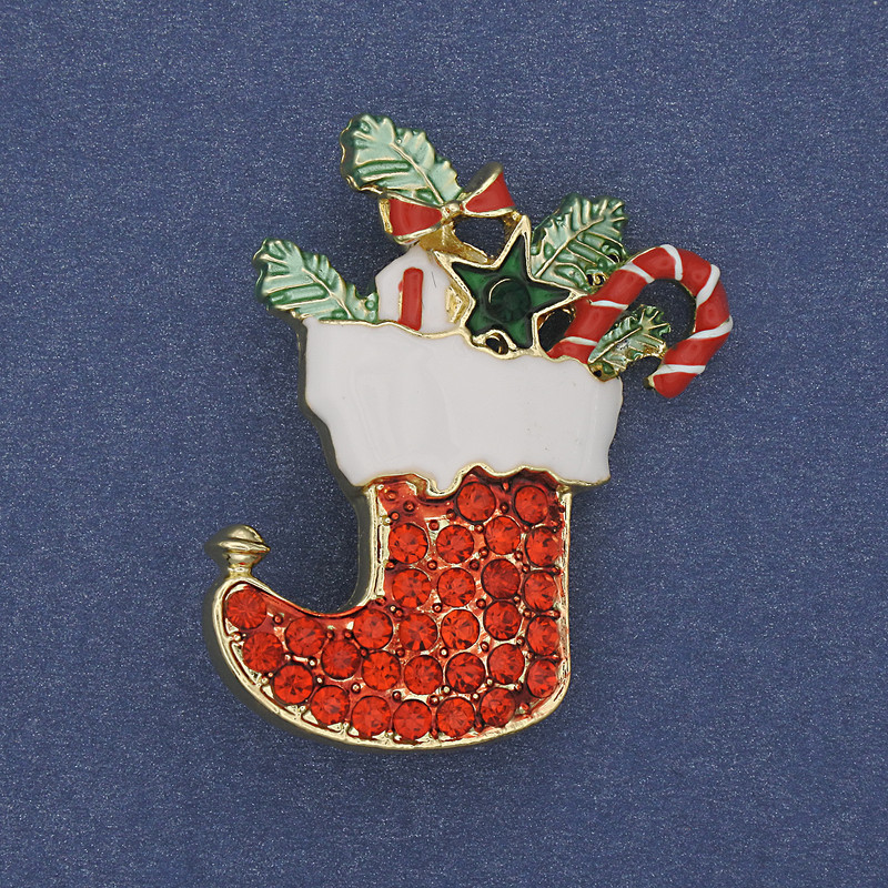Brooch pendant 'New Year's Boot' enamel red crystals gold-tone metal 38×28 mm +