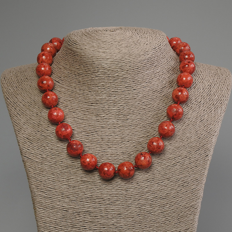 Sponge Coral Necklace with Smooth Beads, 14 mm Diameter, 50 cm Length, with Clasp