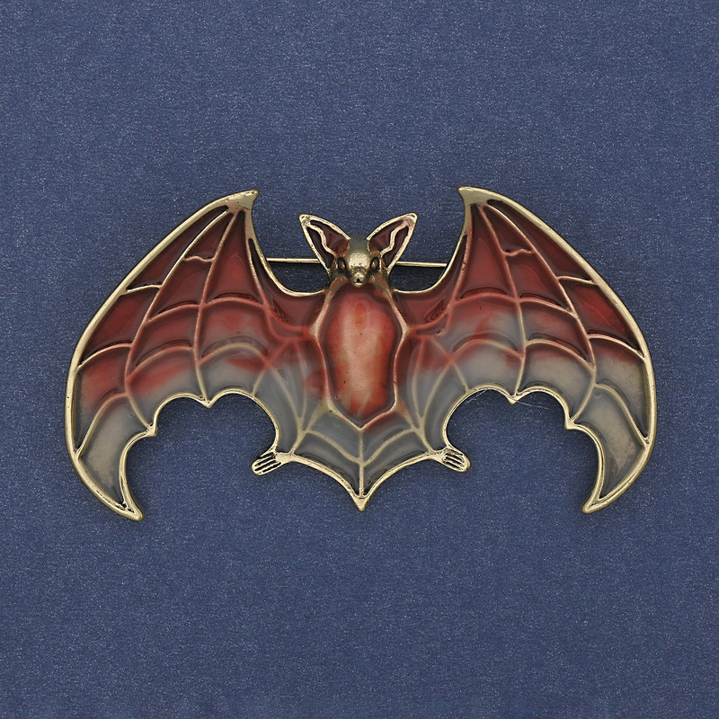 Bat Brooch-Pendant red and gray enamel on golden metal 36x60mm +