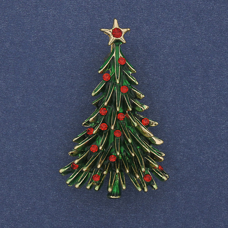 Brooch Christmas Tree green enamel crystals golden metal 24×42 mm +
