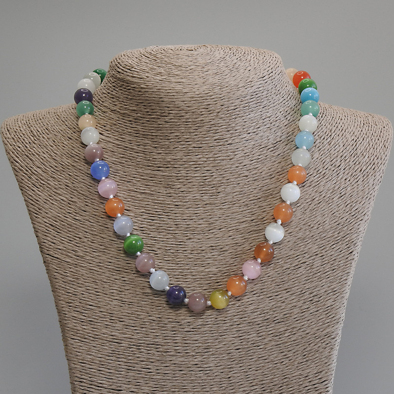 Colorful Cat's Eye Necklace with smooth beads, 10 mm diameter, 50 cm length +5 cm extender chain