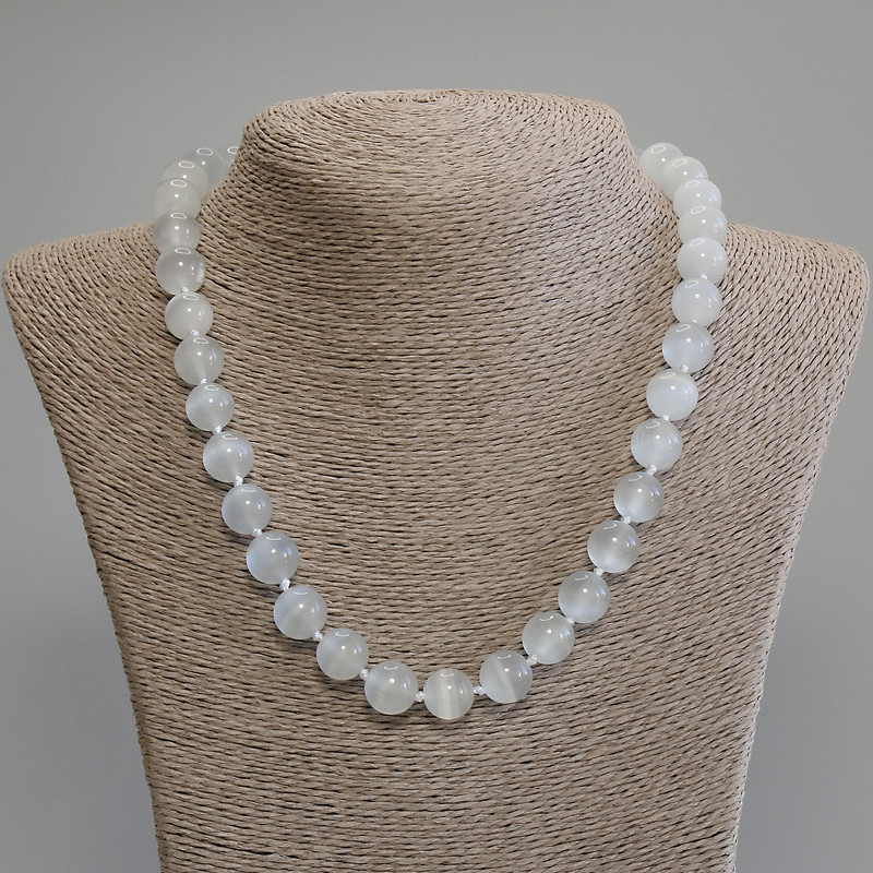 Gray Cat's-Eye Necklace with smooth beads, 12 mm diameter, 50 cm length + 5 cm extender chain