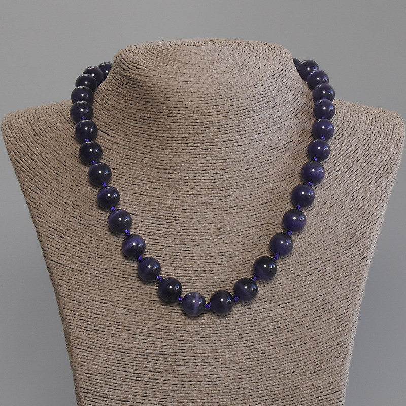 Purple Cat's Eye Necklace with Smooth Beads, 11.5 mm Diameter, 50 mm Length with Clasp