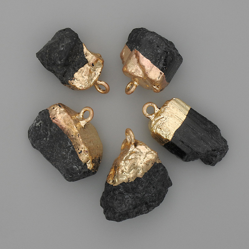 Sherl Tourmaline Pendant, Uncut Stone, Gold-Toned Metal, 24-32 x 14-22 mm, Assorted Sizes