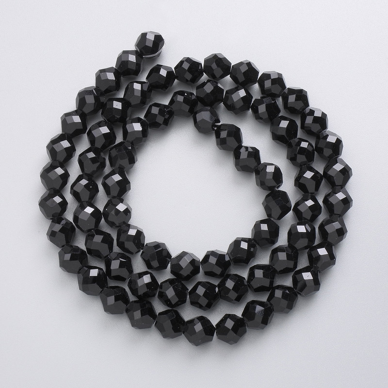 Czech Crystal Beads on Beading Thread, Black Matte, Faceted Beads, 7 mm Diameter, 49 cm Length