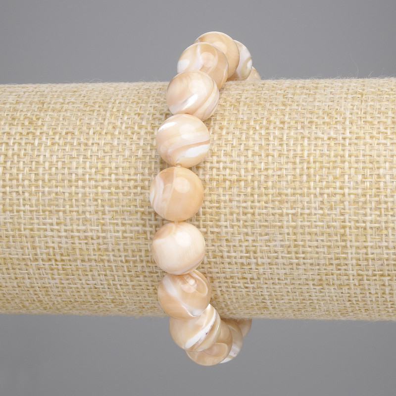 Beige mother-of-pearl bracelet with smooth beads, 10.5 mm diameter, 18 cm length, stretch