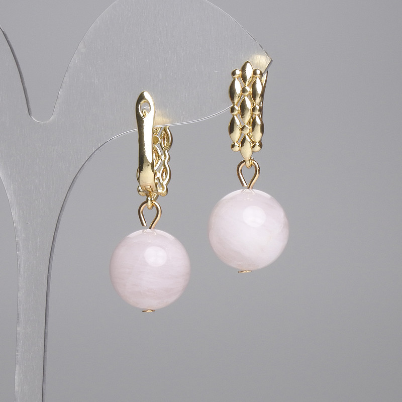 Earrings Madagascar Pink Quartz Smooth Bead 14mm, 34mm length
