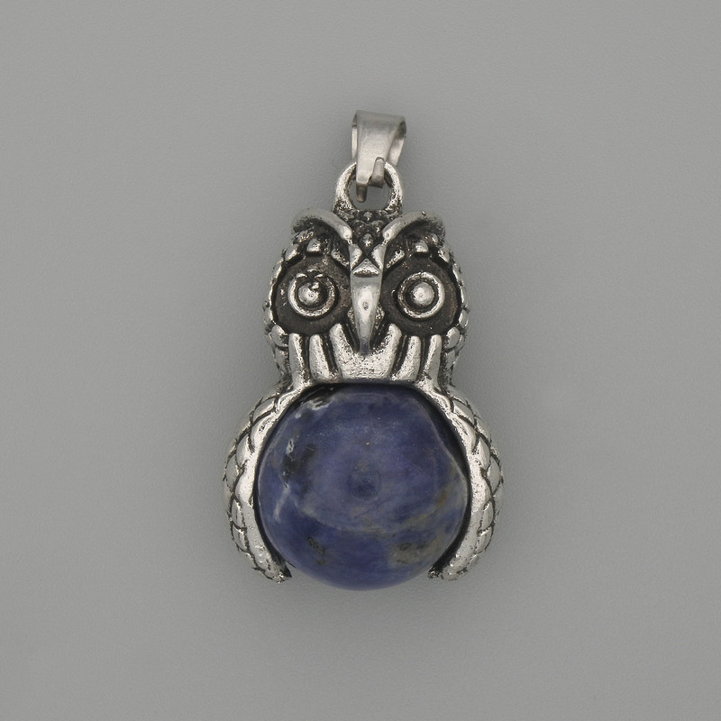 Pendant Owl with Sodalite in Silver-Tone Metal, diameter 30×20 mm, length 37 mm