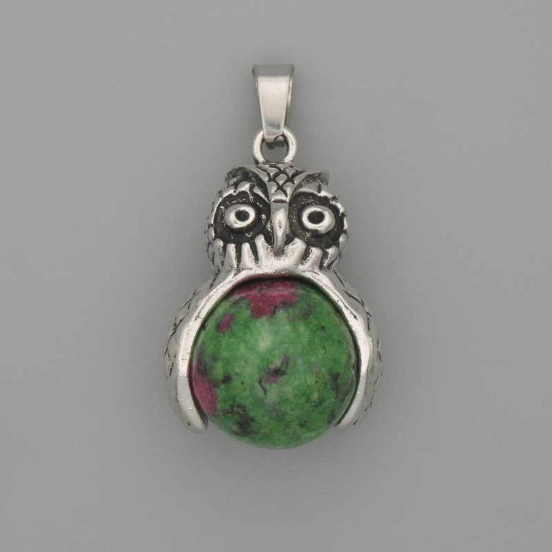 Owl Pendant Zoisite, Silver-Toned Metal, 30x20 mm diameter ±, 37 mm length ±