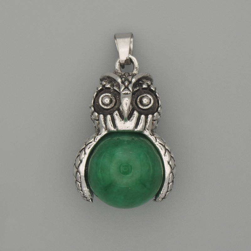 Owl Pendant Chrysoprase, Silver-Toned Metal, 30x20 mm diameter, 37 mm length ±