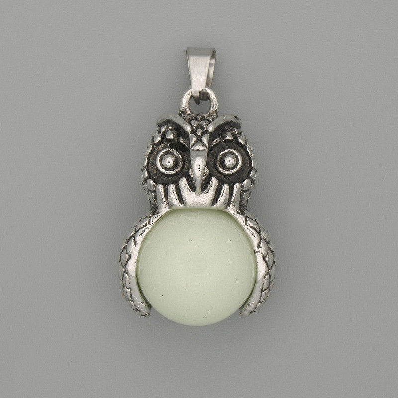 Owl Pendant with Onyx in Silver-Toned Metal, diameter 30×20 mm, length 37 mm