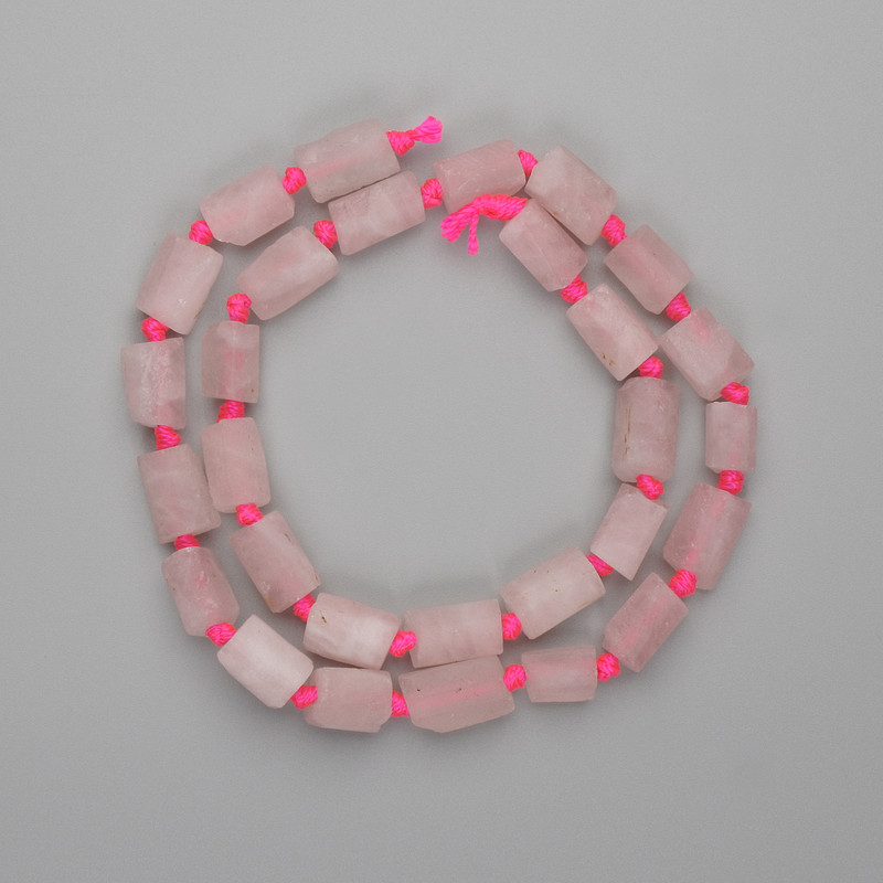 Pink quartz beads, rough-cut, unpolished 9–13×6.5–7 mm, length about 42 cm on thread