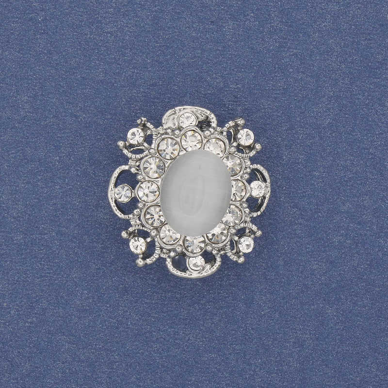 Brooch Accent Cat's Eye with White Crystals Silver-tone Metal 22×19 mm+