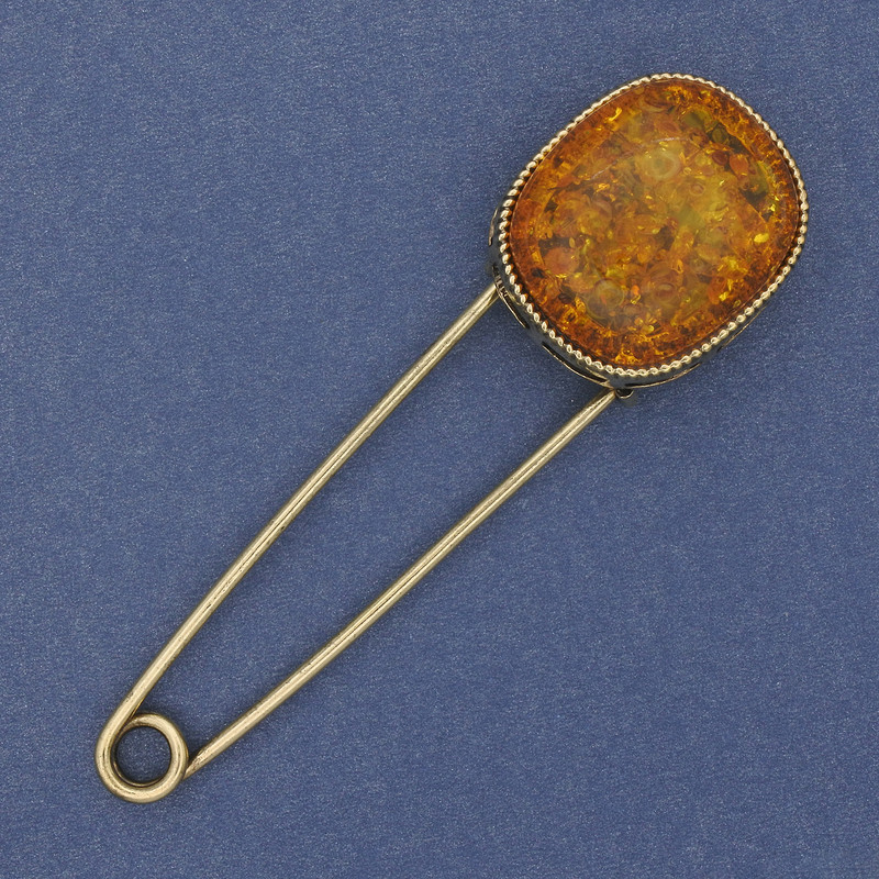 Amber imitation brooch pin (artificial) 76×22 mm ± gold-tone metal