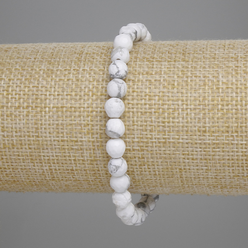 Cacholong Bead Bracelet, Faceted Beads, 6 mm Diameter, 18 cm Length, Stretch